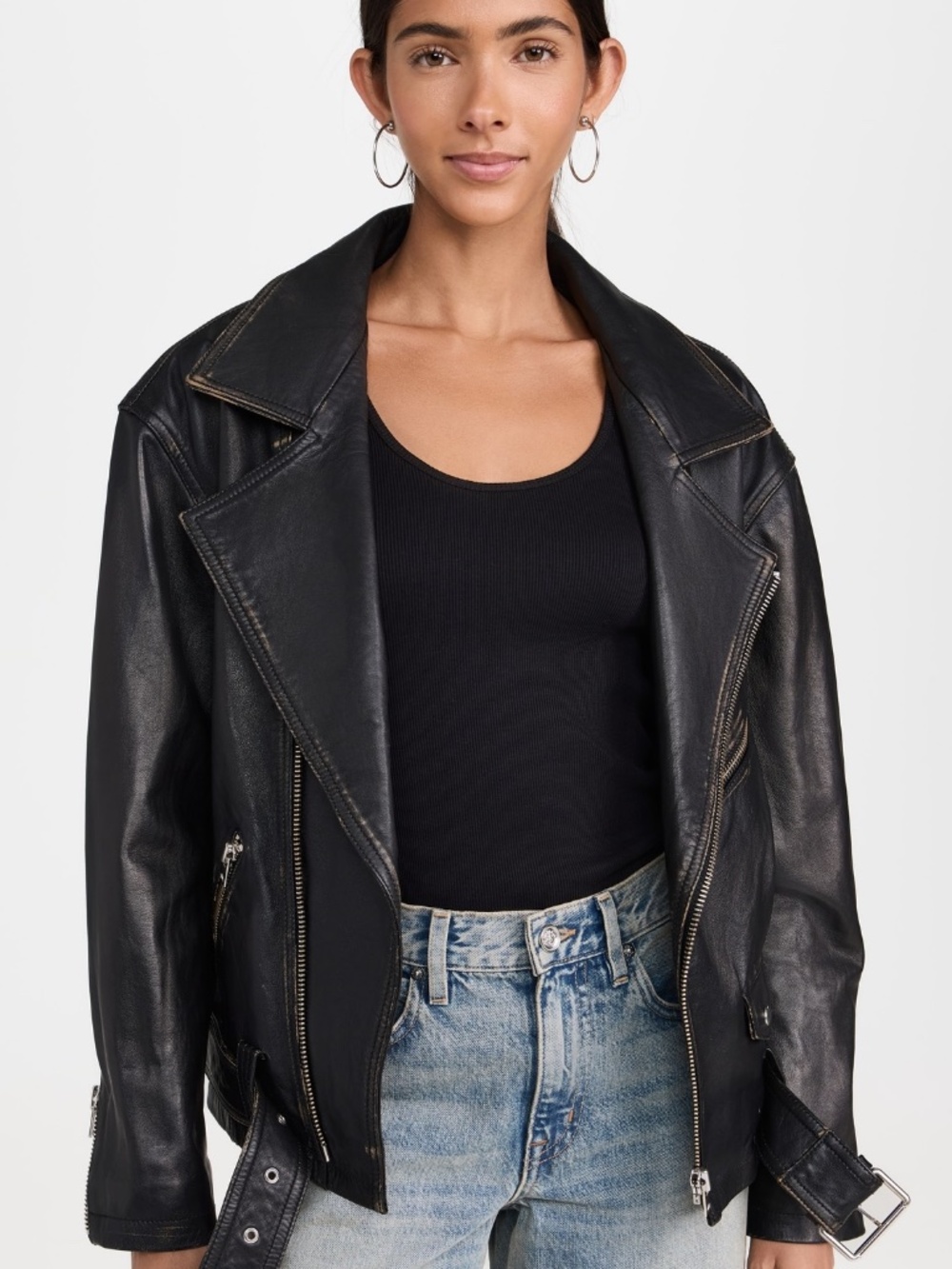 IRO Dylan Leather Biker Jacket Vintage-Effect Black Beige Oversized FR 40 NWT